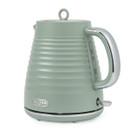 A sage green electric kettle with a ribbed texture, chrome handle, and water level indicator. The brand logo is displayed near the base. Minimalistic and modern design.
