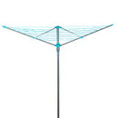 A folded rotary clothesline with a turquoise frame and wires is shown against a plain white background, conveying functionality and simplicity.