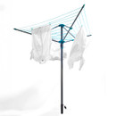 Rotary clothesline with blue lines holding three white shirts. The background is a clean white, highlighting a crisp, fresh feeling.