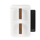 Sleek white kitchen appliance with two wooden handles, a modern design. The brand name “Salter” is visible on the black side panel. Minimalist style.