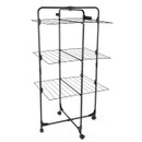 Black three-tier metal drying rack with wheels. It has sturdy wire shelves for drying clothes. The design is simple and practical for home use.