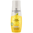 Bottle of SodaStream Classics Cloudy Lemonade drink mix. Yellow and white packaging features a lemon graphic and labels indicating "no sugar" and vitamins.