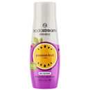 Bottle of SodaStream Classics Passion Fruit Sparkling Drink Mix, labelled "No Sugar." The design is vibrant purple with a passion fruit graphic.