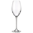 A clear, elegant champagne flute with a long, slender stem and a rounded bowl, set against a white background.