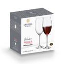 Box of Crystal Bohemia Fulica red wine glasses, featuring two glasses, one with red wine. Elegant design, text highlights collection details.