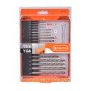 A view of a 15 piece masonry drill bit set on a white background