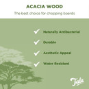 Acacia wood chopping board benefits infographic listing antibacterial, durable, aesthetic, and water-resistant qualities.