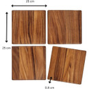 Acacia wood square serving boards, 25 cm x 25 cm with 0.8 cm thickness, showing natural wood variations.