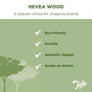 Green infographic listing eco-friendly, durable, aesthetic appeal, and gentle on knives.