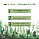 Green forest-themed background with text highlighting benefits: sustainable materials, antibacterial wood, and rustic charm.