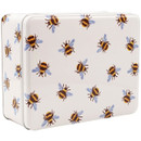 Side angle of Emma Bridgewater square tin featuring playful bumblebee print.