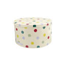 Large Emma Bridgewater polka dot cake tin decorated with colourful red, green, yellow, and blue spots, ideal for storing cakes or bakes.