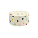 Medium round Emma Bridgewater polka dot cake tin with bright multicoloured spots on a cream background.
