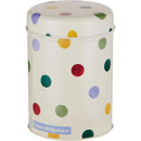 Emma Bridgewater Polka Dot storage tin with multicoloured spots on cream background, perfect for tea, coffee, or sugar storage.