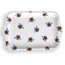 Rectangular serving tray with cream background decorated with repeating bumblebee pattern in yellow, black, and blue.