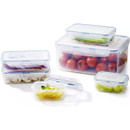 Assorted LocknLock rectangular storage boxes holding tomatoes, mushrooms, lemon slices, asparagus, and grapes.
