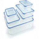 Stack of clear LocknLock rectangular food containers with airtight blue-sealed lids.
