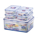 LocknLock food storage set in retail packaging, showing a variety of clear containers with blue lids.