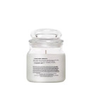 Back view of Yankee Candle Home Inspiration White Linen & Lace jar candle, 340g, showing safety information and ingredients on label.
