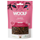Woolf salmon soft cubes semi-moist dog treats in pink resealable pack, natural grain-free snack for all breeds