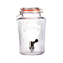 Empty Kilner 5-litre clip top glass drinks dispenser with embossed logo and chrome tap, displayed against a white background.