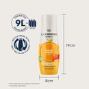 Bottle of SodaStream Orange Mango drink mix with measurements of 19 cm tall and 8 cm wide, showing it makes about 9 litres.