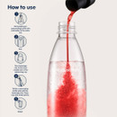 Step-by-step instructions showing SodaStream Red Berries syrup being poured into a carbonated water bottle.
