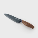 Brooklyn Santoku chef’s knife with 16cm blade, deep heel, and soft-grip walnut-effect handle.