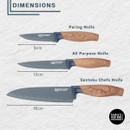Brooklyn Walnut knife set showing dimensions of paring knife (9cm), all-purpose knife (13cm), and Santoku chef’s knife (16cm).