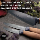 Brooklyn Walnut 3-piece kitchen knife set with non-stick coated blades and walnut effect handles displayed on a worktop.