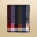 Joules wool blend scarf in a vibrant multicoloured check design, folded to show pattern and branded label.