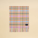 Multicoloured checked scarf in warm green, tan, pink, and blue shades, displayed flat to show full pattern and Joules brand label.