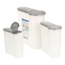 Three white plastic storage containers with gray lids are shown. One lid is open, revealing an easy-pour spout. Packaging label visible.