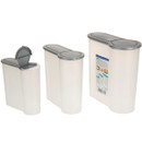 Three white plastic containers with gray lids, in varying sizes. One lid is open. The design is sleek and modern, suitable for kitchen storage.