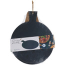 Round serving platter packaged in clear wrap with a cardboard label showing a pizza image. A rope is attached for hanging. The label reads "Serving platter ø35 cm."