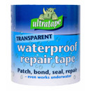 Ultratape transparent waterproof repair tape roll with rhino logo, designed to patch, bond, seal and repair, suitable for indoor and outdoor use.