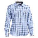 Blue and white checkered long-sleeve shirt with a collar and brown buttons, creating a classic, casual look. Suitable for both formal and informal settings.