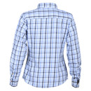 A blue and white plaid long-sleeve shirt is shown from the back. The fabric features a checkered pattern with dark and light blue lines, exuding a casual feel.