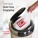 A hand places a vacuum bag into a dustbin. Text on the image reads "Self-seal, Dust-free Emptying" and "No messy emptying," emphasizing cleanliness.