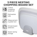Three-piece nesting chopping board set with features listed: dishwasher safe, measurement and grater tool, simple selection, and space-saving storage. The boards are stacked neatly in a grey holder, emphasizing organization.