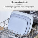 Three light blue chopping boards are neatly stacked in a dishwasher rack. Text above reads "Dishwasher Safe" indicating easy cleaning.