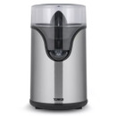 A stainless steel electric citrus juicer with a transparent lid and black accents, featuring a sleek modern design, conveying efficiency and sophistication.