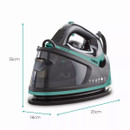 Sleek black and teal steam iron with measurements of 35cm height, 25cm length, and 18cm width. Smooth ceramic soleplate with multiple settings.