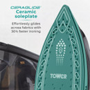 Close-up of a green iron with a ceramic soleplate design. Text highlights "Ceraglide" technology for 30% faster ironing.