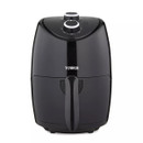 A sleek black air fryer with a handle, two control knobs on top, and "Tower" logo. The design is modern and compact, conveying efficiency.