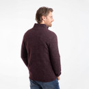 Rear view of a man wearing an aubergine quarter-zip jumper, showing the plain back design.