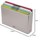 Joseph Joseph Folio Icon chopping board set with dimensions labelled for width, height, and depth.
