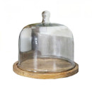 A large round glass cake dome with knob handle and wooden base.