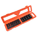 A view of a 12 piece 1/2 inch socket set in an orange case on a white background