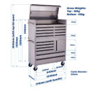 A tool chest with multiple drawers, labeled measurements, and handle. Dimensions are highlighted in blue. Open top lid reveals internal storage.